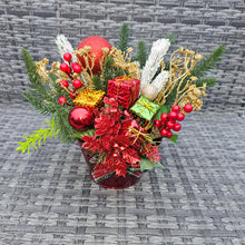 Load image into Gallery viewer, Red Christmas Planter with Festive Foliage and Baubles Mixed Xmas Centrpiece
