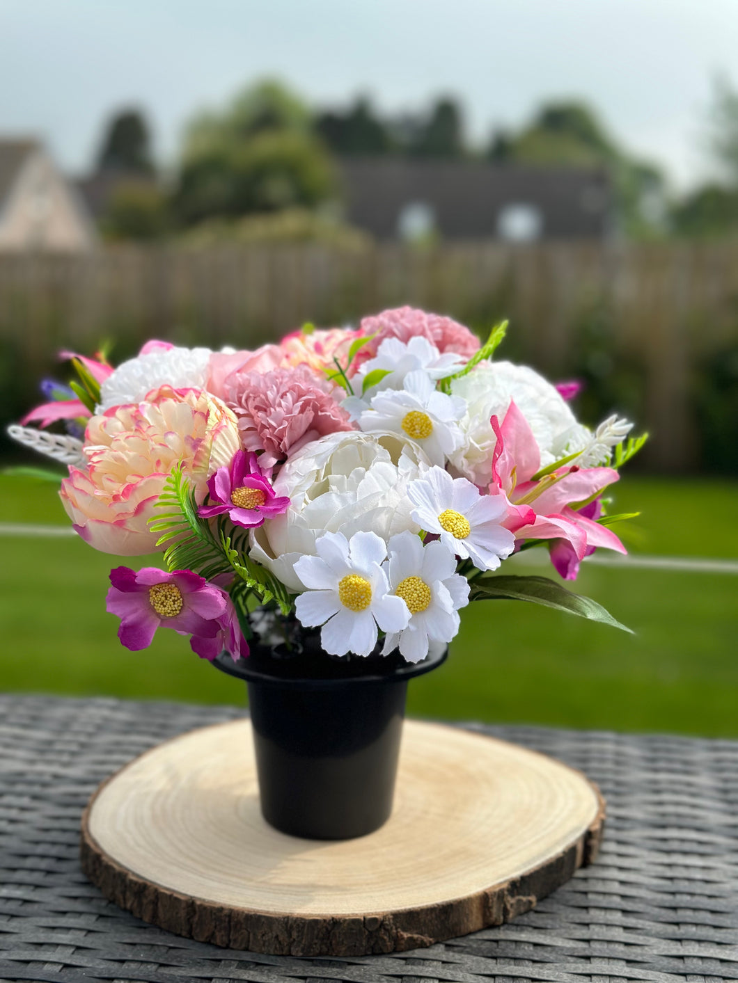 Artificial Memorial Pot / pink and Cream Peony and Gerbera Cemetery Flowers