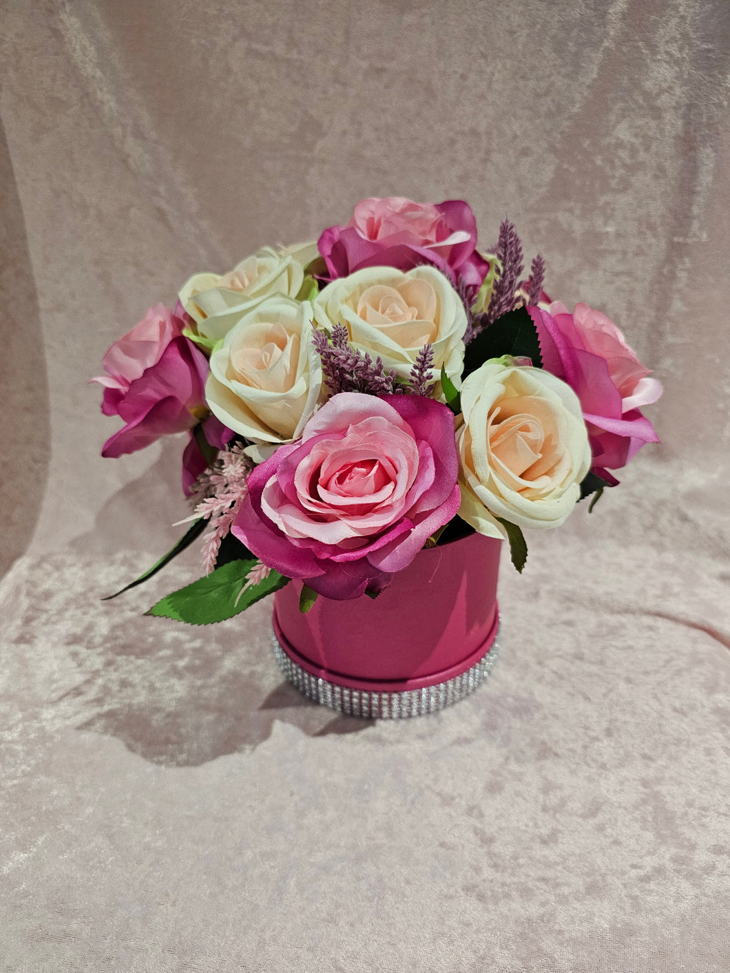 Artificial Pink and Cream Rose Hatbox with Diamante Ribbon , Forever Flowers