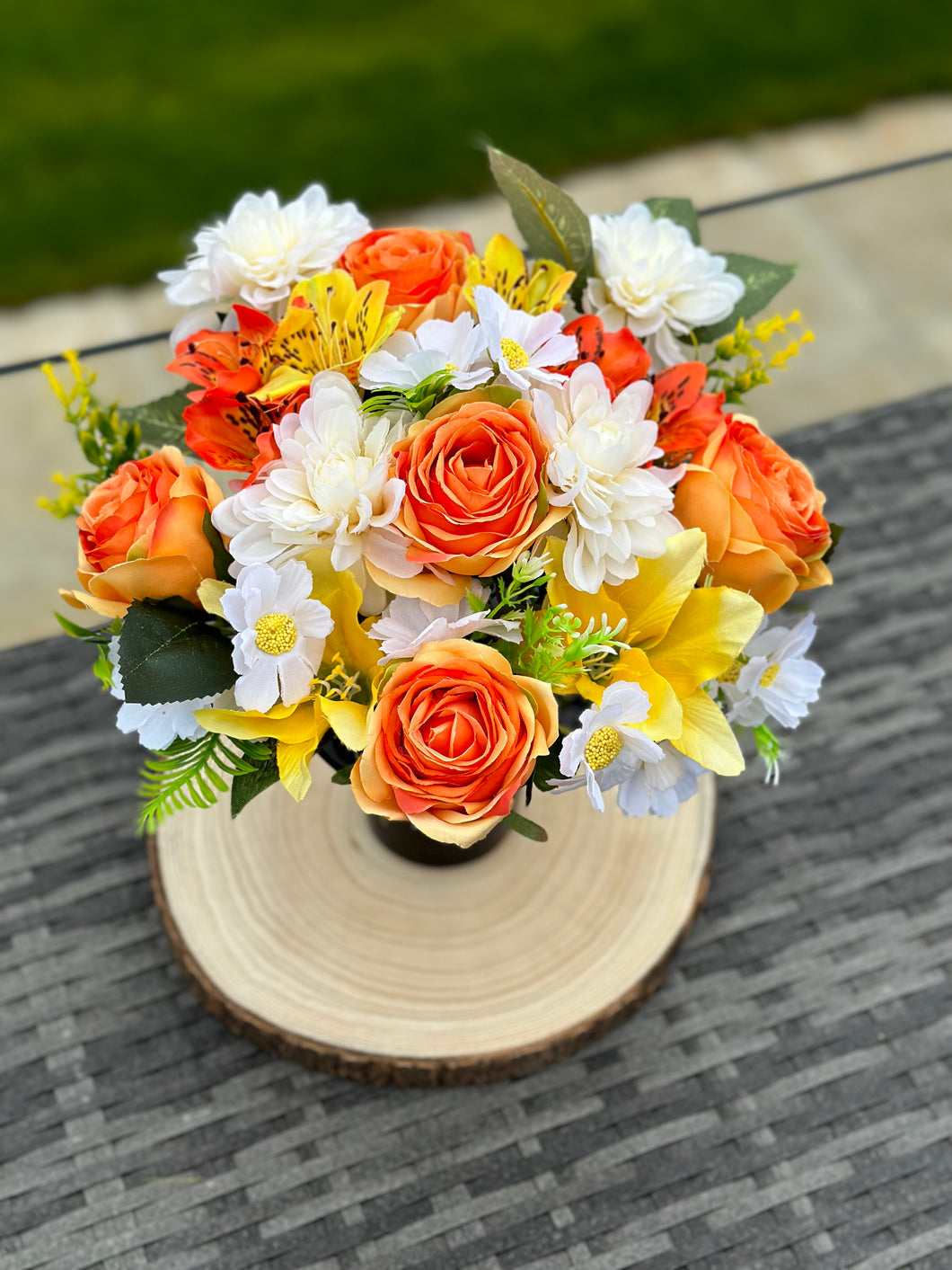 Silk Orange Yellow and White Mixed Floral Memorial Grave Pot