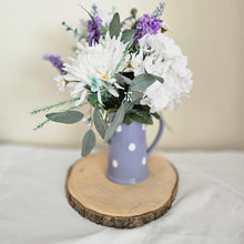Load image into Gallery viewer, Ceramic Lilac Polka Jug with White Hydrangea and Lavender Silk Flowers
