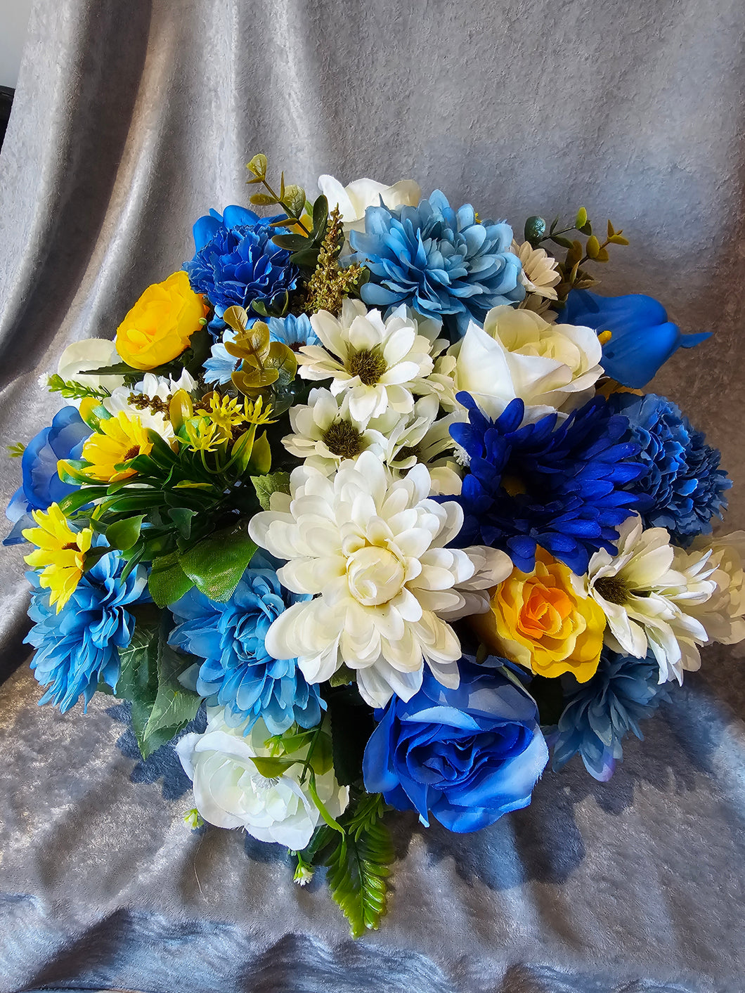 Large Artificial Blue White and Yellow Memorial Posy Display