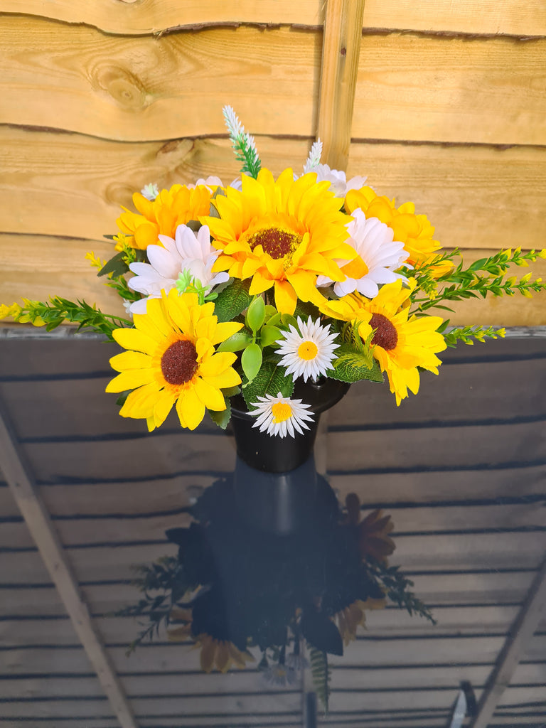 Sunflower Grave Pot. Memorial Faux Flowers . Spring Grave Pot