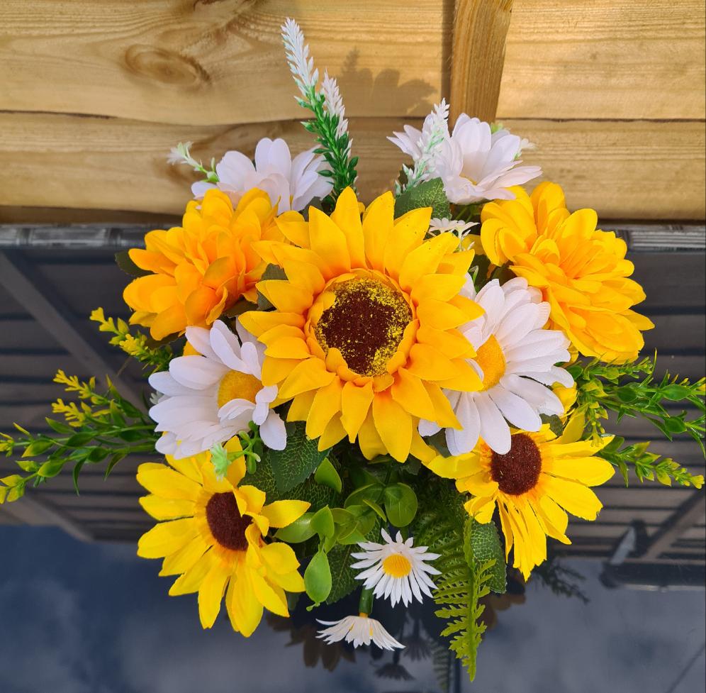 Sunflower Grave Pot. Memorial Faux Flowers . Spring Grave Pot