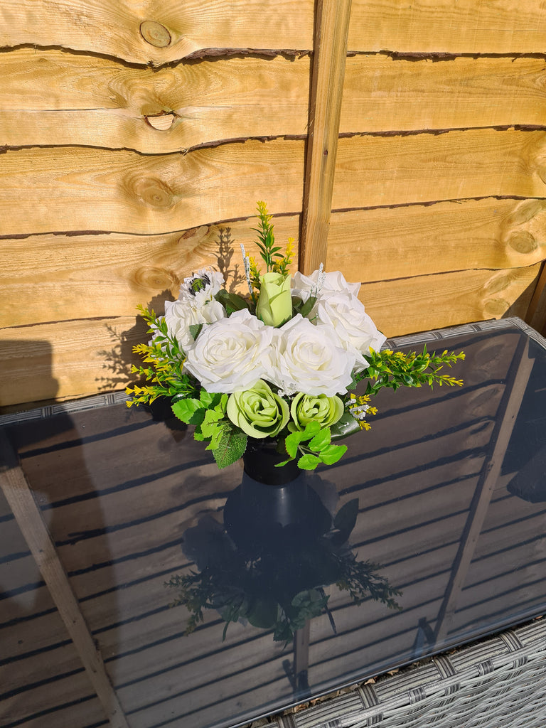 Green and White Roses in Gravepot. Memotial Faux Flowers