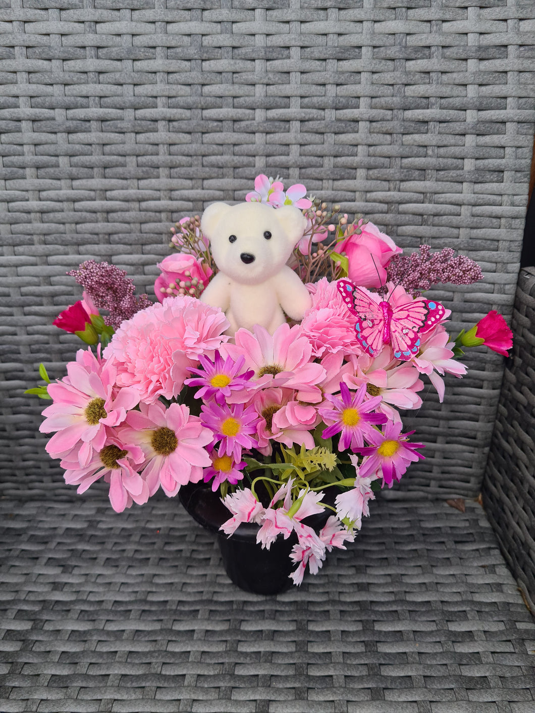 Girls Memorial Flowers and Teddy. Childs Pink Grave Pot