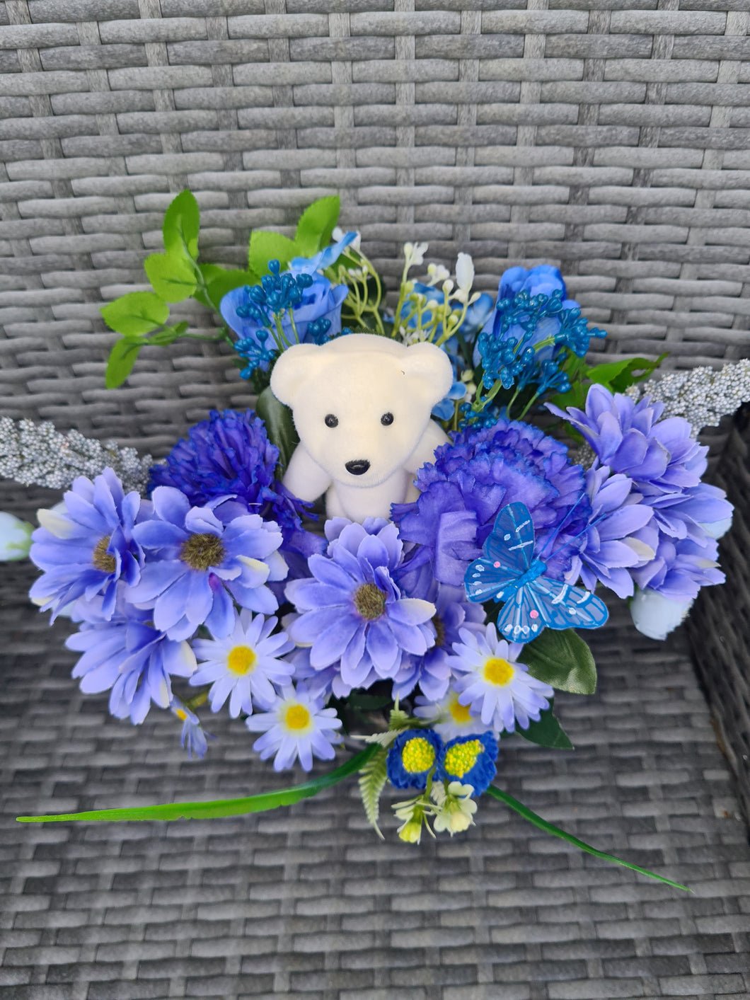 Blue Floral Childs MemorialFlowers. Boys Grave Pot . Teddy Memorial