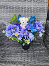 Load image into Gallery viewer, Blue Floral Childs MemorialFlowers. Boys Grave Pot . Teddy Memorial
